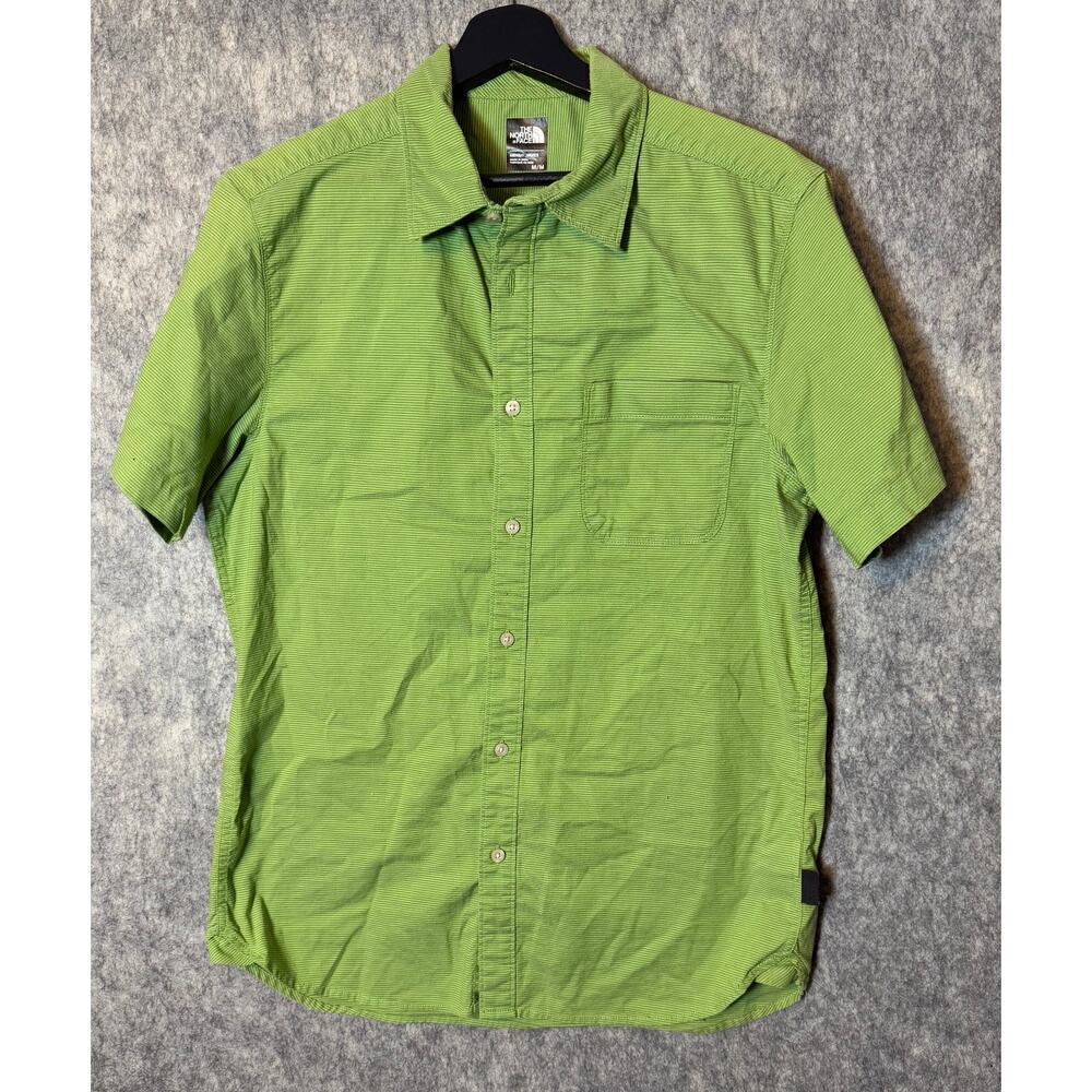 North Face Shirt Mens Med Green Striped Short Sleeve Button Up Camping Hiking